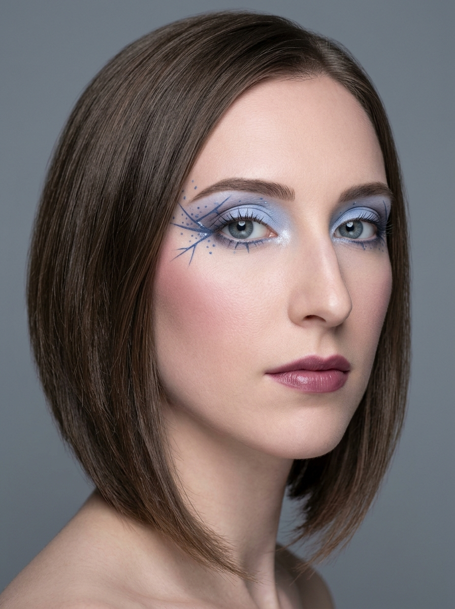True Summer festival eye with a sheer steel blue lid wash and fine branching frost linework in soft navy fanning from the outer corner across the temple, scattered icy silver glitter flecks, no gems and no warm tones
