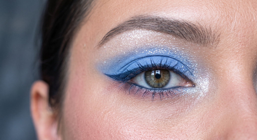 Close-up of a single True Summer festival eye in cool cornflower blue and soft navy graphic liner with icy-white sparkle, no black liner and no warm tones, shot in cool diffused light against a slate-gray backdrop