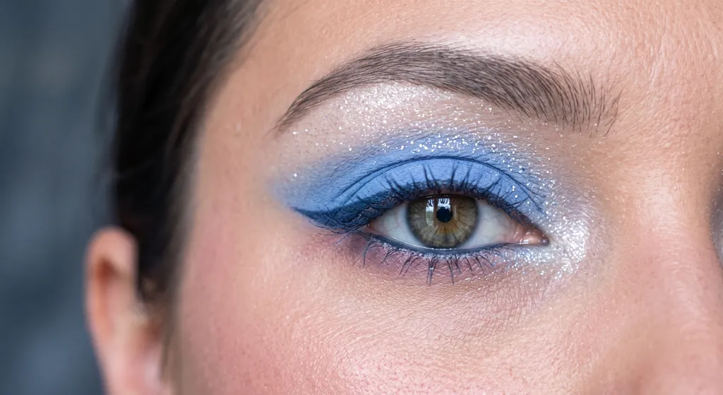 Close-up of a single True Summer festival eye in cool cornflower blue and soft navy graphic liner with icy-white sparkle, no black liner and no warm tones, shot in cool diffused light against a slate-gray backdrop