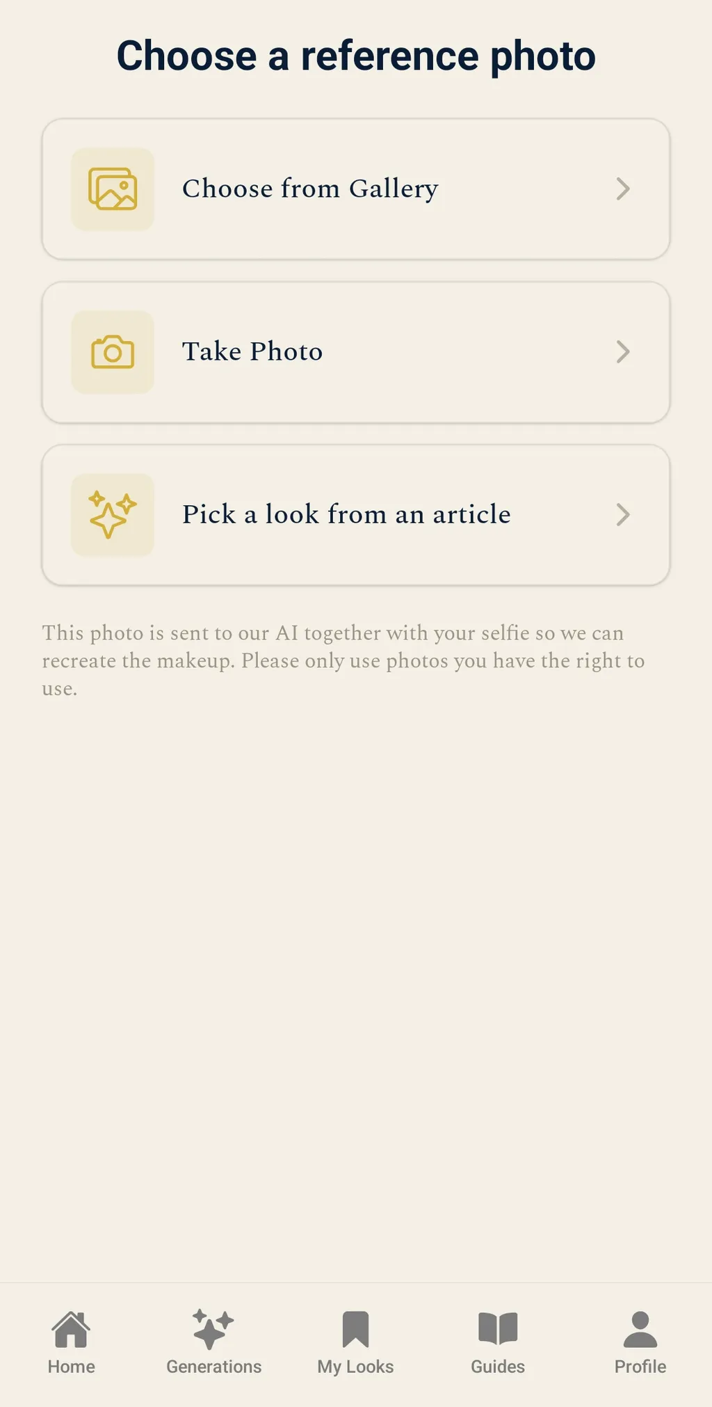 Choose a reference photo screen with three options: Choose from Gallery, Take Photo, and Pick a look from an article