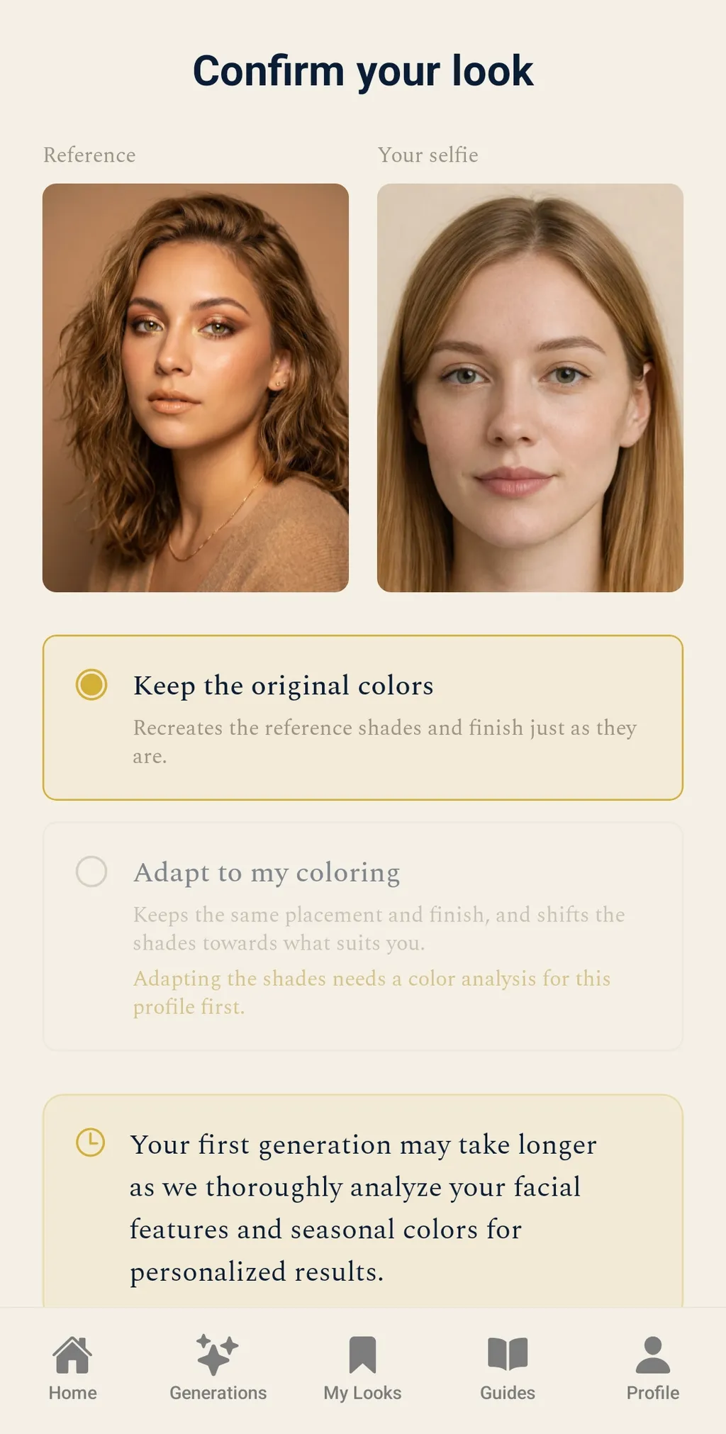 Confirm your look screen showing the reference photo beside the user's selfie, with the options Keep the original colors and Adapt to my coloring
