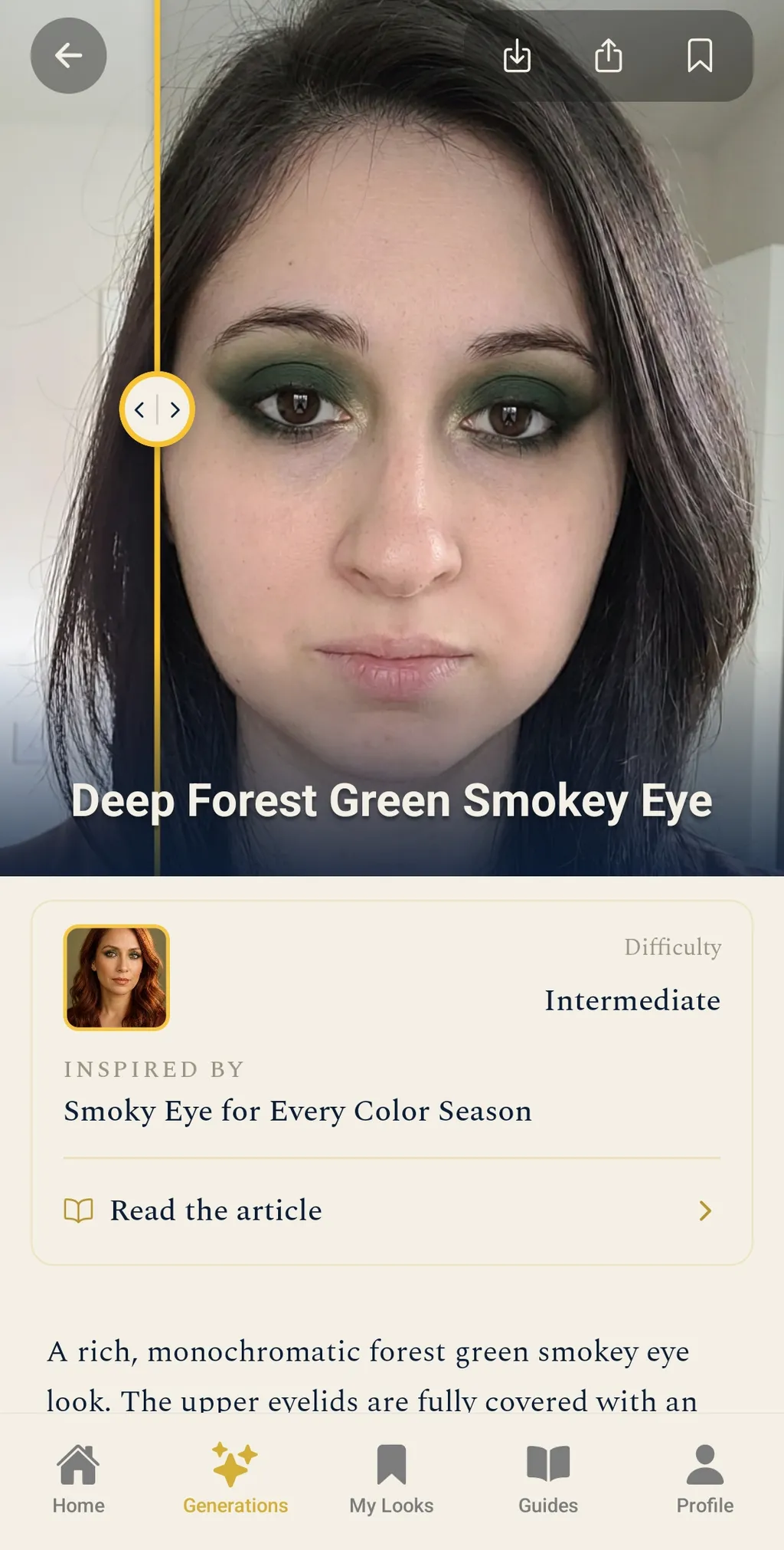 Generated Deep Forest Green Smokey Eye on the user's selfie with a before and after slider, an Intermediate difficulty label, and an Inspired by card linking to the Smoky Eye for Every Color Season article