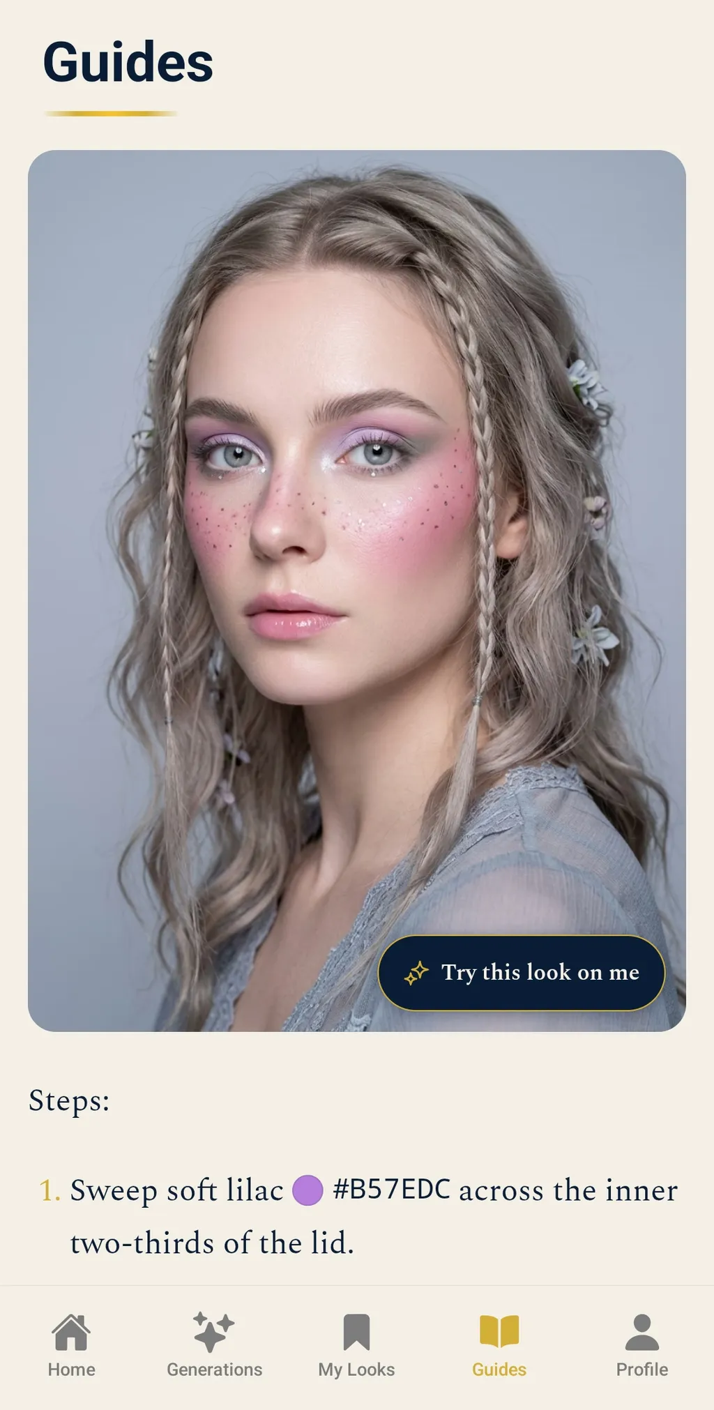 A fairycore look in the BeautySpark Guides tab with a Try this look on me badge in the corner of the photo and the first step of the tutorial below it