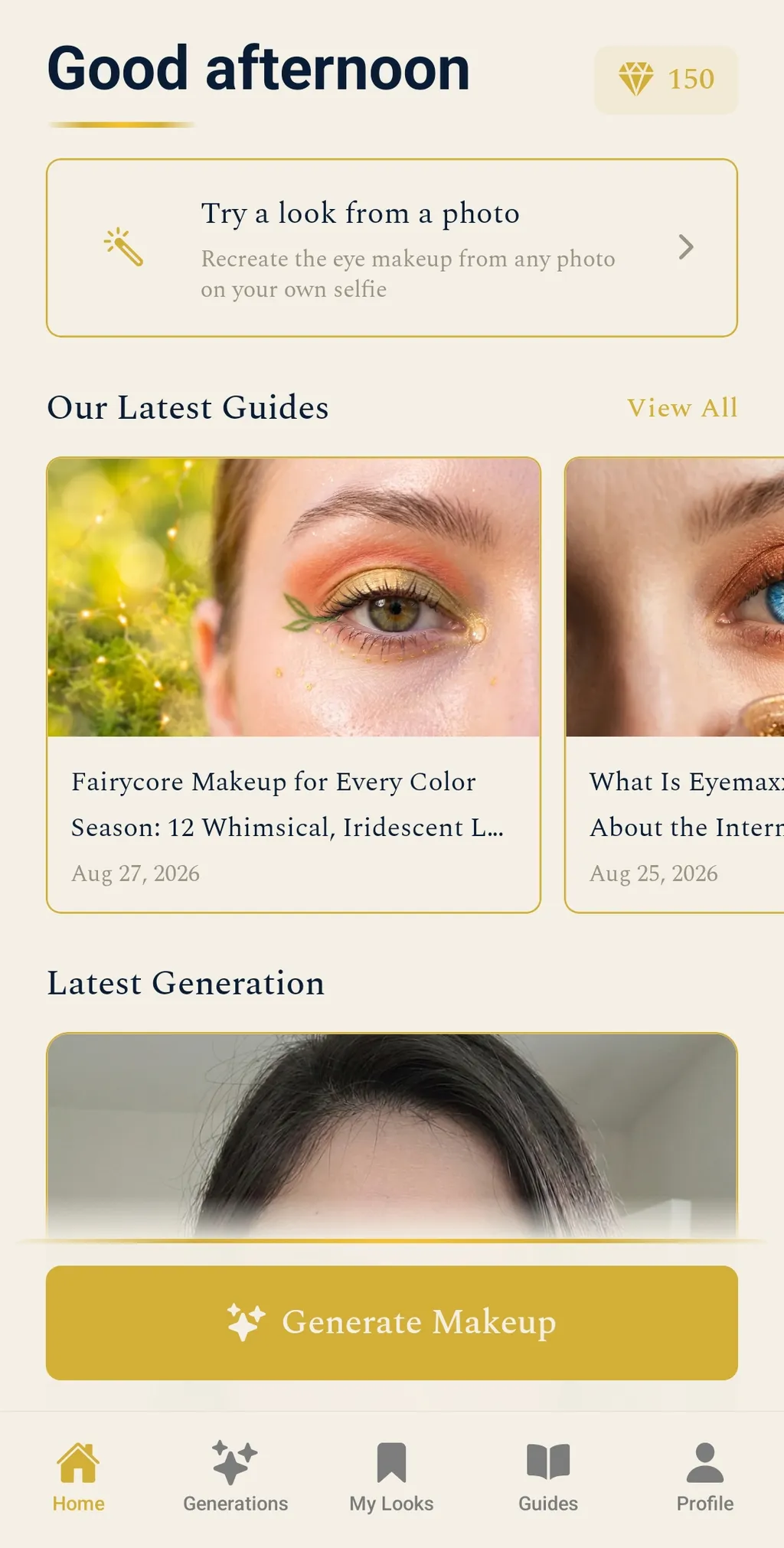 BeautySpark home screen with the Try a look from a photo card at the top, a row of the latest guides, and the new My Looks tab in the bottom navigation