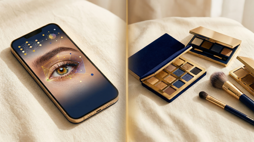Split composition showing smartphone AI interface with color analysis alongside real eyeshadow palettes and brushes
