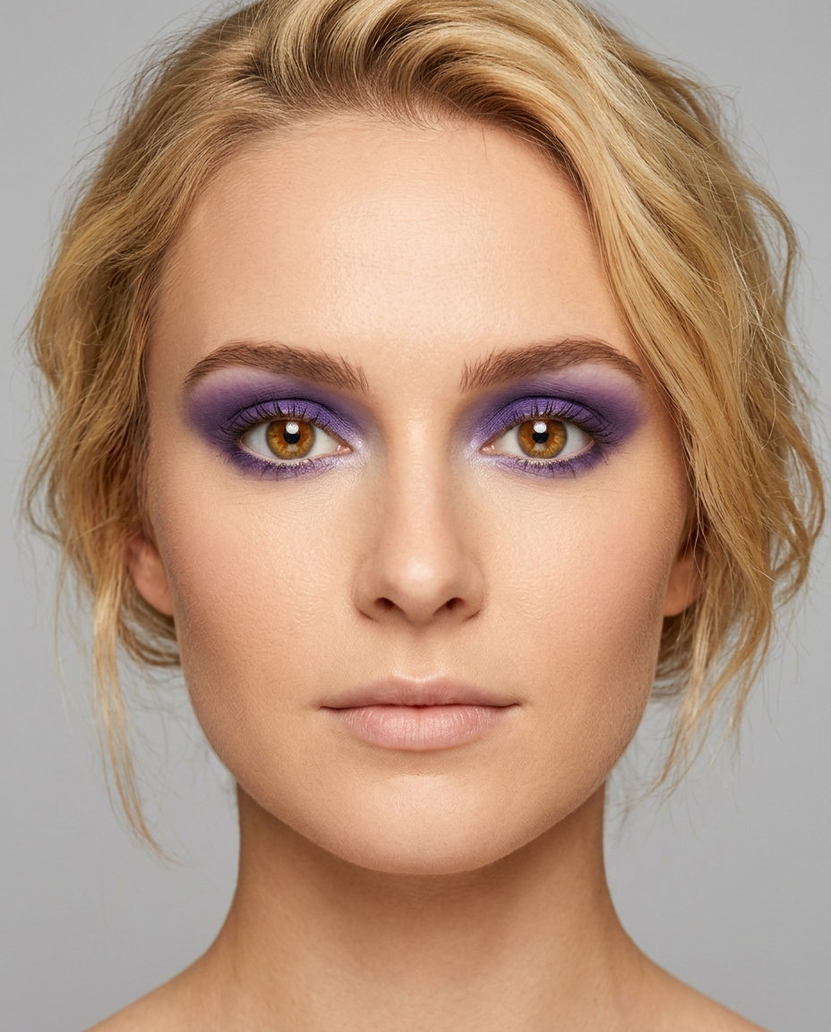 Bright Spring coloring with brown eyes wearing the same clear cool violet eyeshadow, draining the warmth that makes her coloring look alive