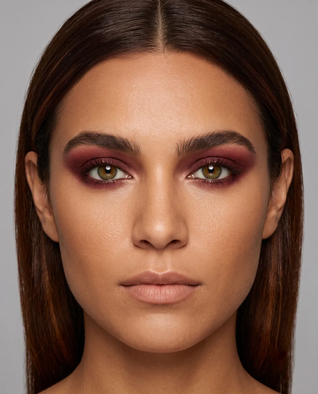 Dark Autumn coloring with green eyes wearing the same burgundy pushed to full richness