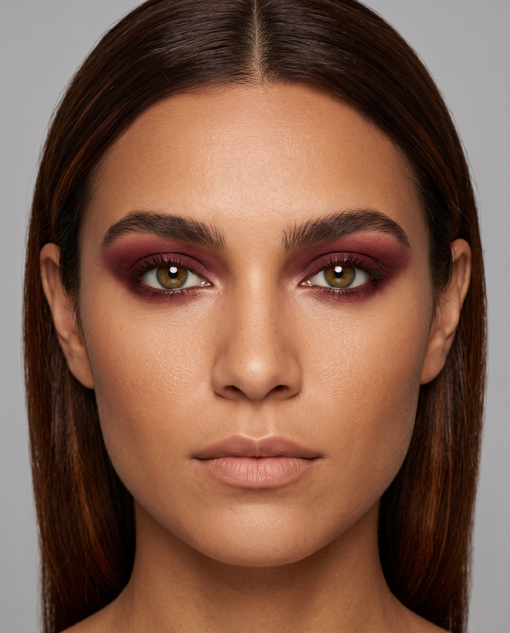 Dark Autumn coloring with green eyes wearing the same burgundy pushed to full richness