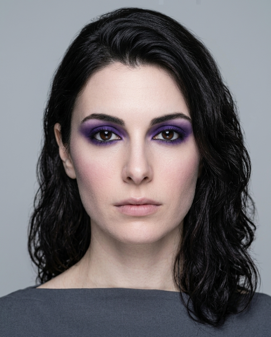 Dark Winter coloring with brown eyes wearing the same clear cool violet eyeshadow, sitting as comfortably as it does on True Winter