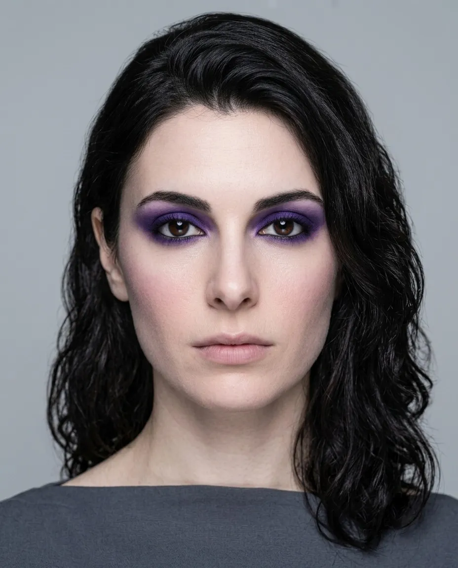 Dark Winter coloring with brown eyes wearing the same clear cool violet eyeshadow, sitting as comfortably as it does on True Winter