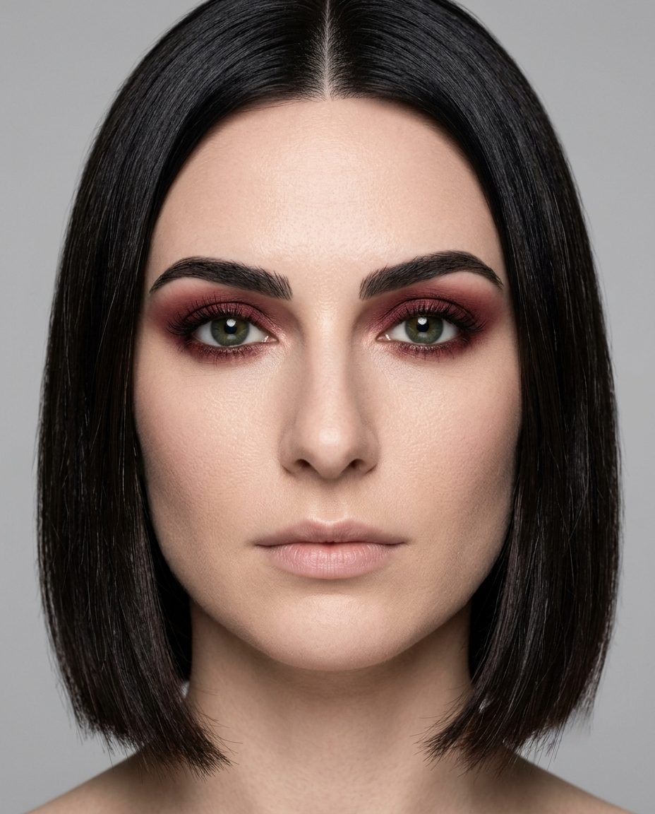 Dark Winter coloring with green eyes wearing the same burgundy, reading muddy against a cool undertone despite matching depth