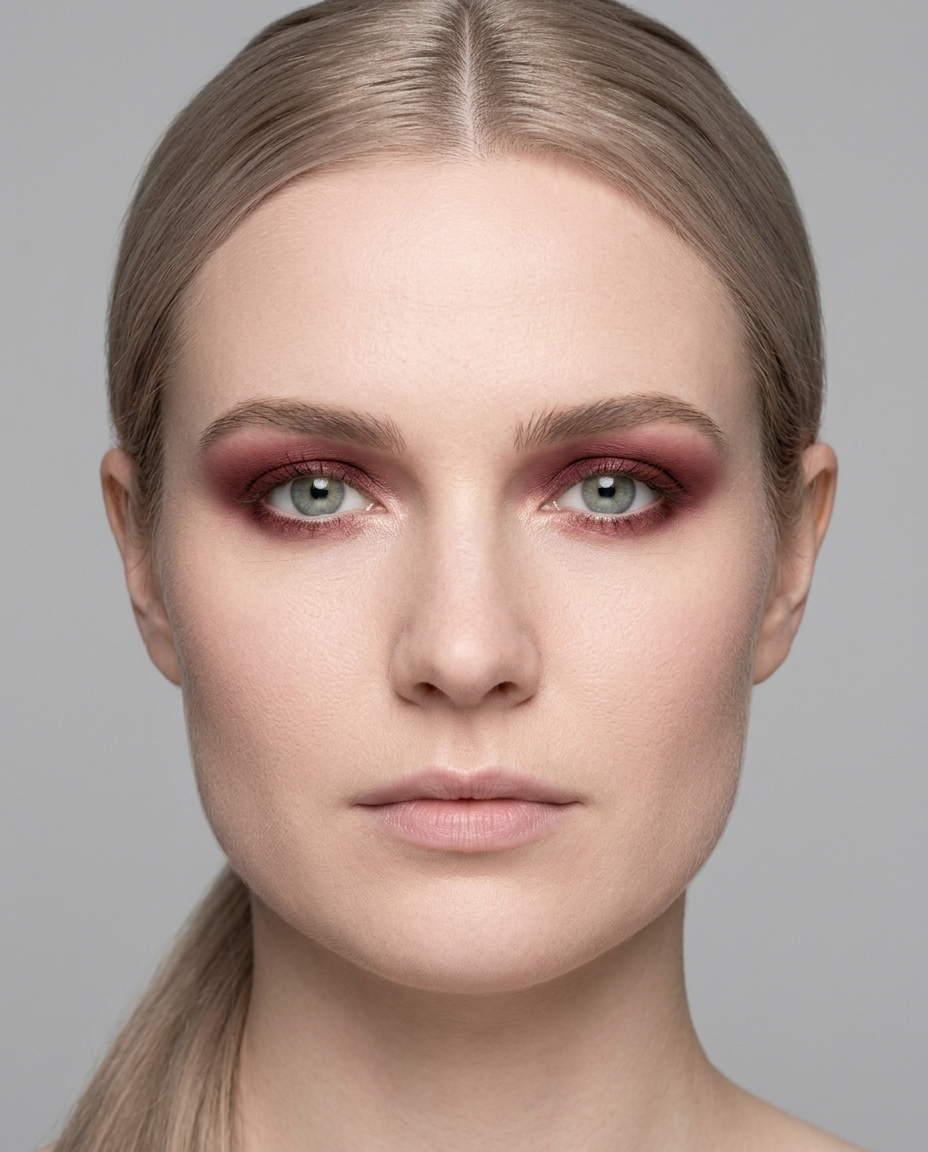 Light Summer coloring with green eyes wearing the same burgundy, swamping the whole face on both depth and temperature