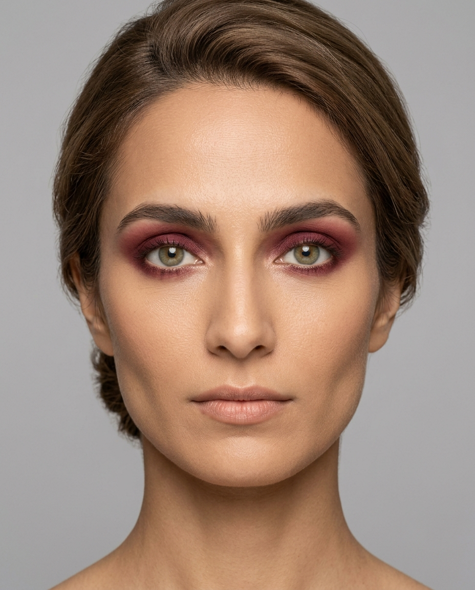 Soft Autumn coloring with green eyes wearing the same burgundy, reading slightly too saturated against a softer palette