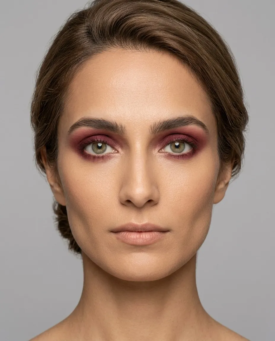 Soft Autumn coloring with green eyes wearing the same burgundy, reading slightly too saturated against a softer palette