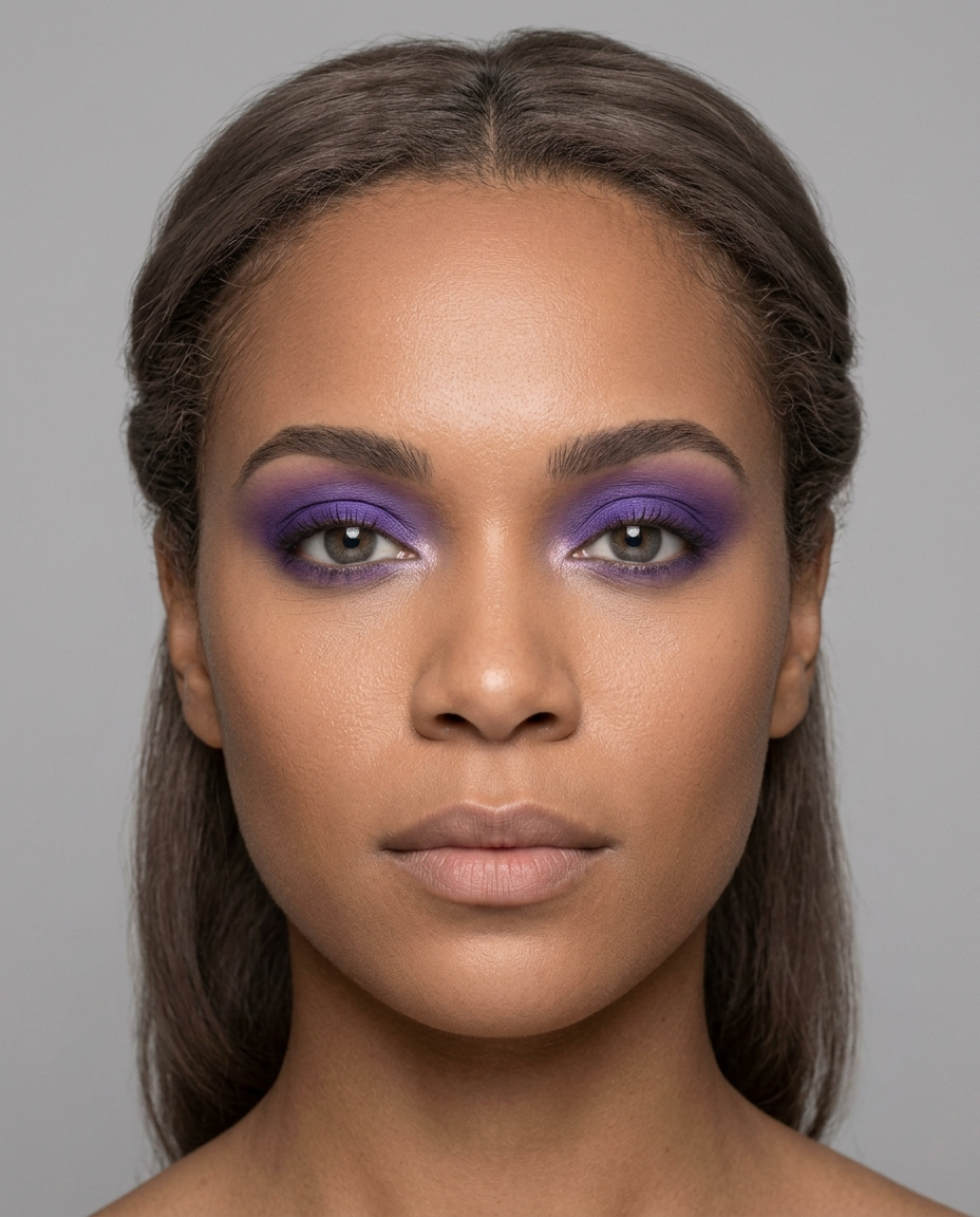 Soft Summer coloring with brown eyes wearing the same clear cool violet eyeshadow, reading a little sharp against a naturally soft palette