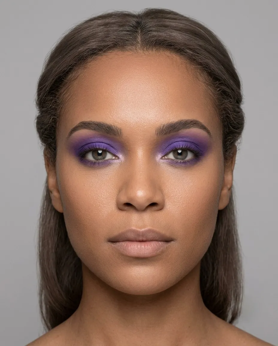 Soft Summer coloring with brown eyes wearing the same clear cool violet eyeshadow, reading a little sharp against a naturally soft palette