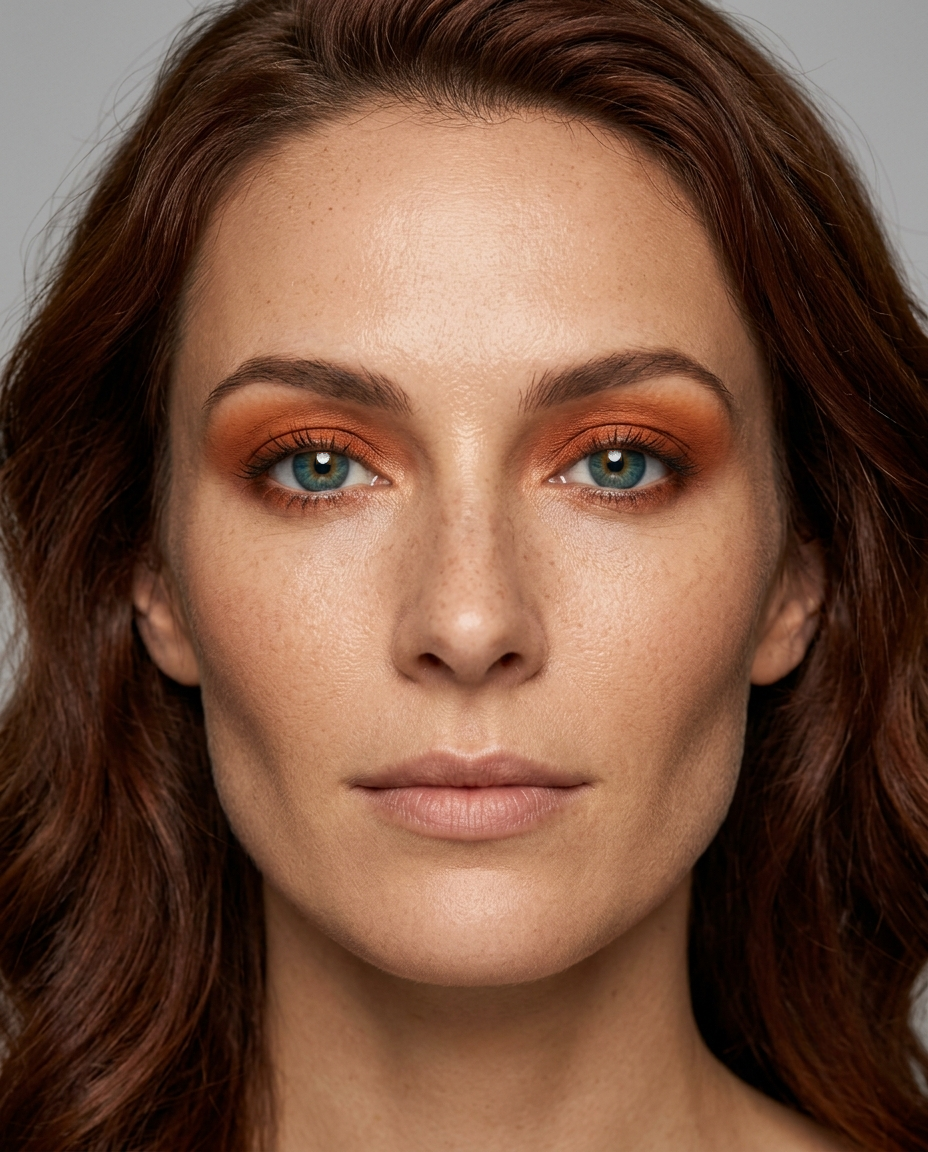 True Autumn coloring with blue eyes wearing warm muted rust eyeshadow, a shade that matches the whole face