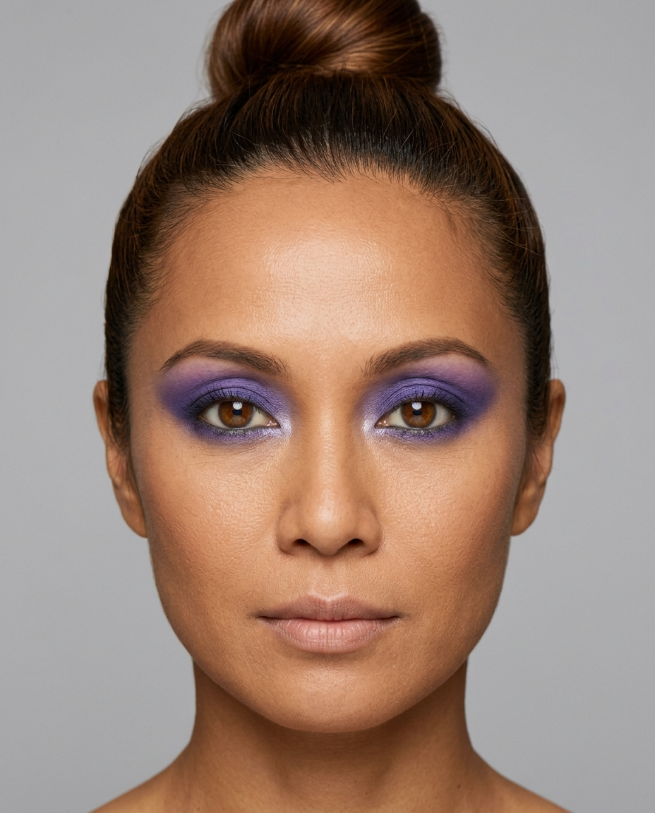 True Autumn coloring with brown eyes wearing the same clear cool violet eyeshadow, clashing on both temperature and clarity