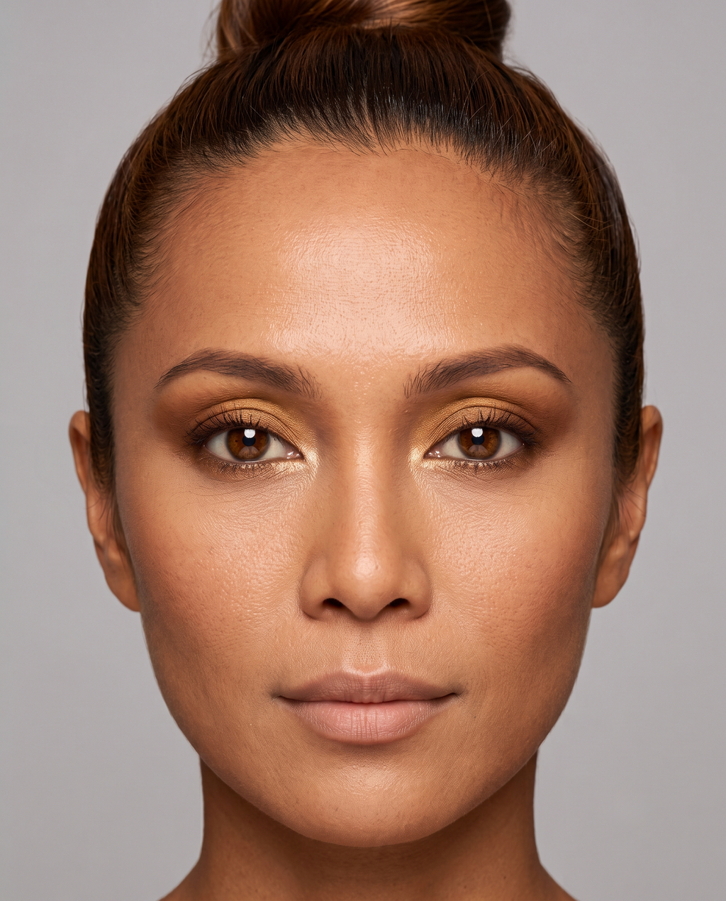 The same brown-eyed model wearing warm bronze eyeshadow, the shade her season actually calls for