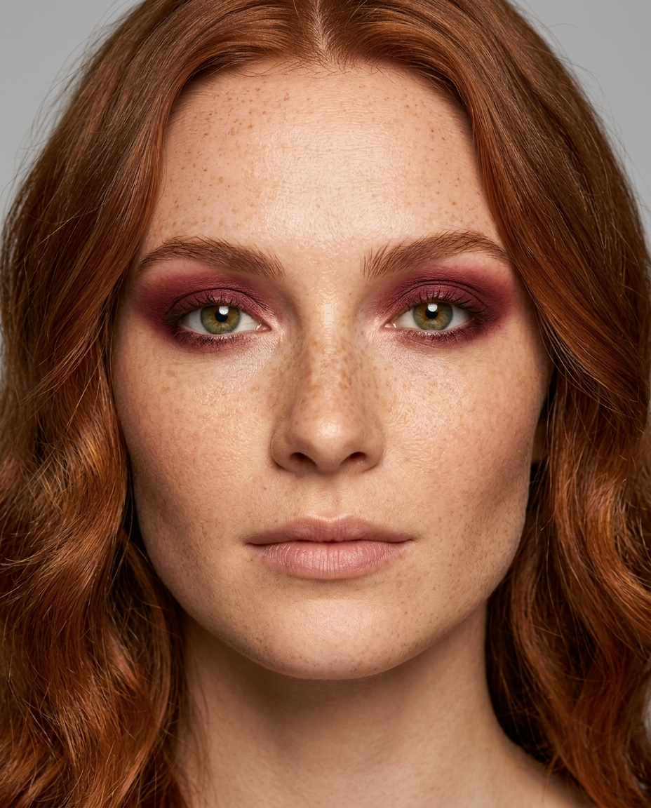 True Autumn coloring with green eyes wearing warm deep burgundy eyeshadow and liner, a match on depth, warmth, and mutedness