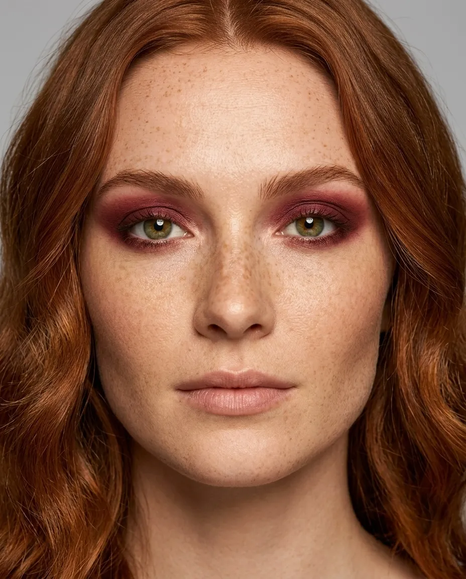 True Autumn coloring with green eyes wearing warm deep burgundy eyeshadow and liner, a match on depth, warmth, and mutedness