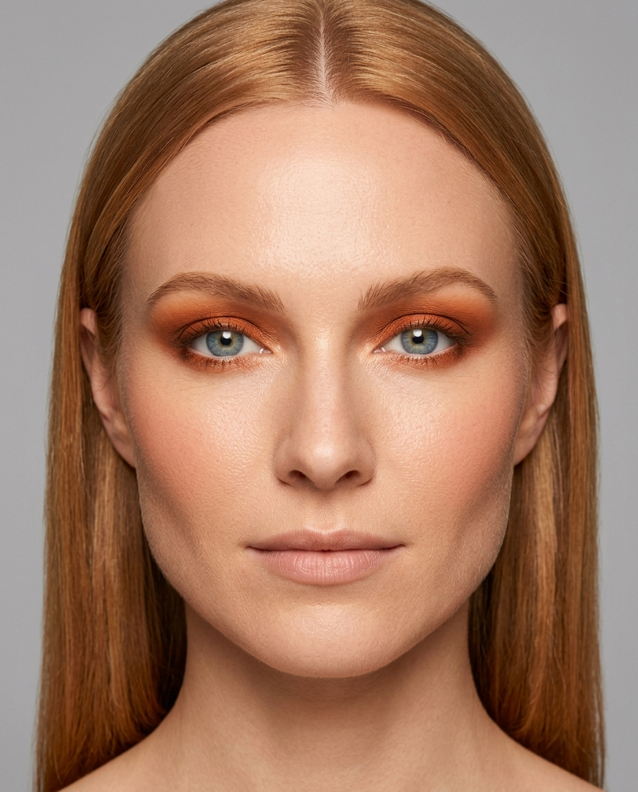 True Spring coloring with blue eyes wearing the same rust eyeshadow, reading slightly muddy against Spring's natural clarity