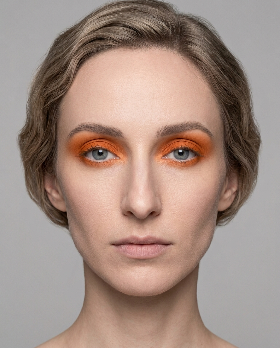 True Summer coloring with blue eyes wearing the same rust eyeshadow, the skin reading sallow and tired despite a brighter iris