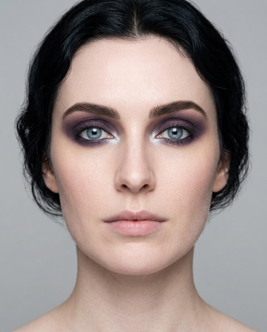 True Winter coloring with blue eyes wearing deep cool charcoal-plum eyeshadow, the shade her season actually calls for