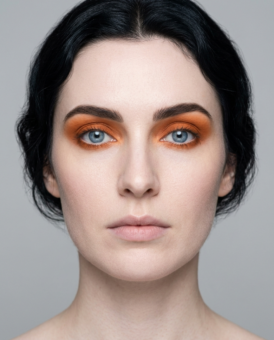 True Winter coloring with blue eyes wearing the same rust eyeshadow, clashing on both temperature and clarity