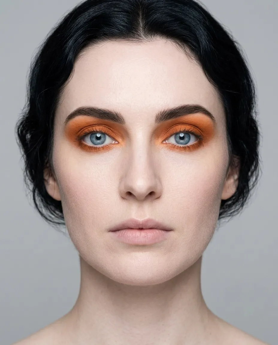True Winter coloring with blue eyes wearing the same rust eyeshadow, clashing on both temperature and clarity