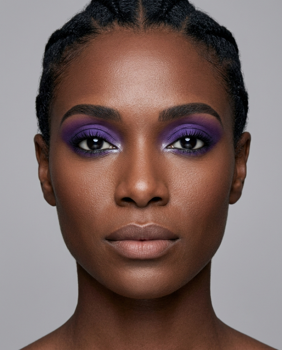 True Winter coloring with brown eyes wearing a clear cool violet eyeshadow, an ideal match at full intensity