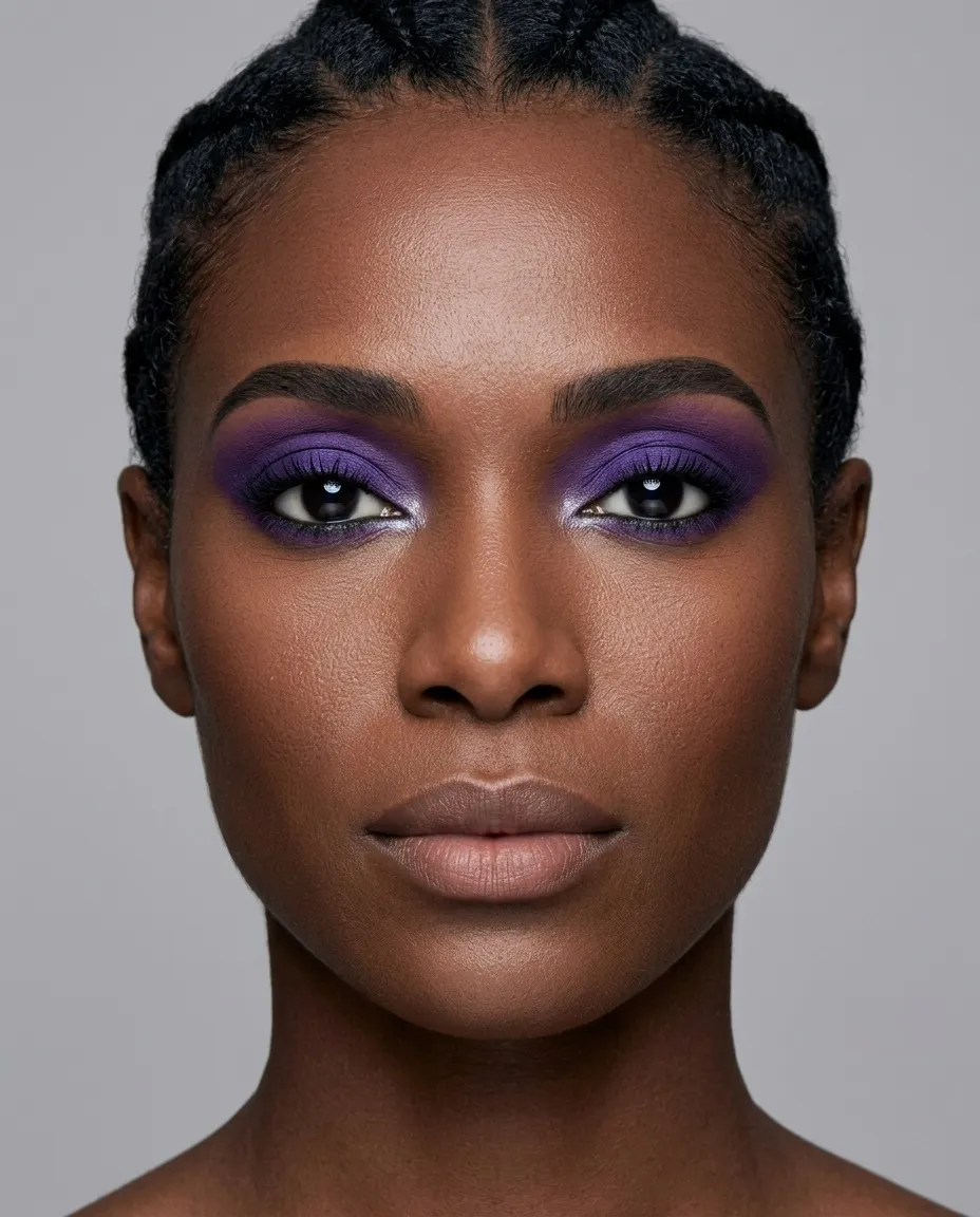 True Winter coloring with brown eyes wearing a clear cool violet eyeshadow, an ideal match at full intensity