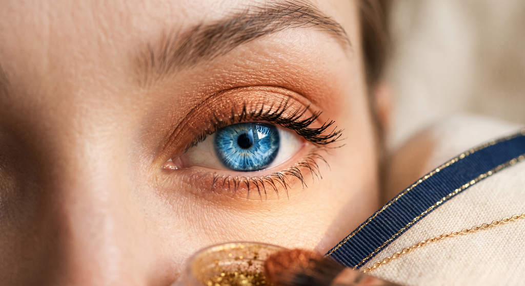 Extreme close-up of an eye wearing warm copper eyeshadow that makes the blue iris stand out, demonstrating the eyemaxxing complementary color technique
